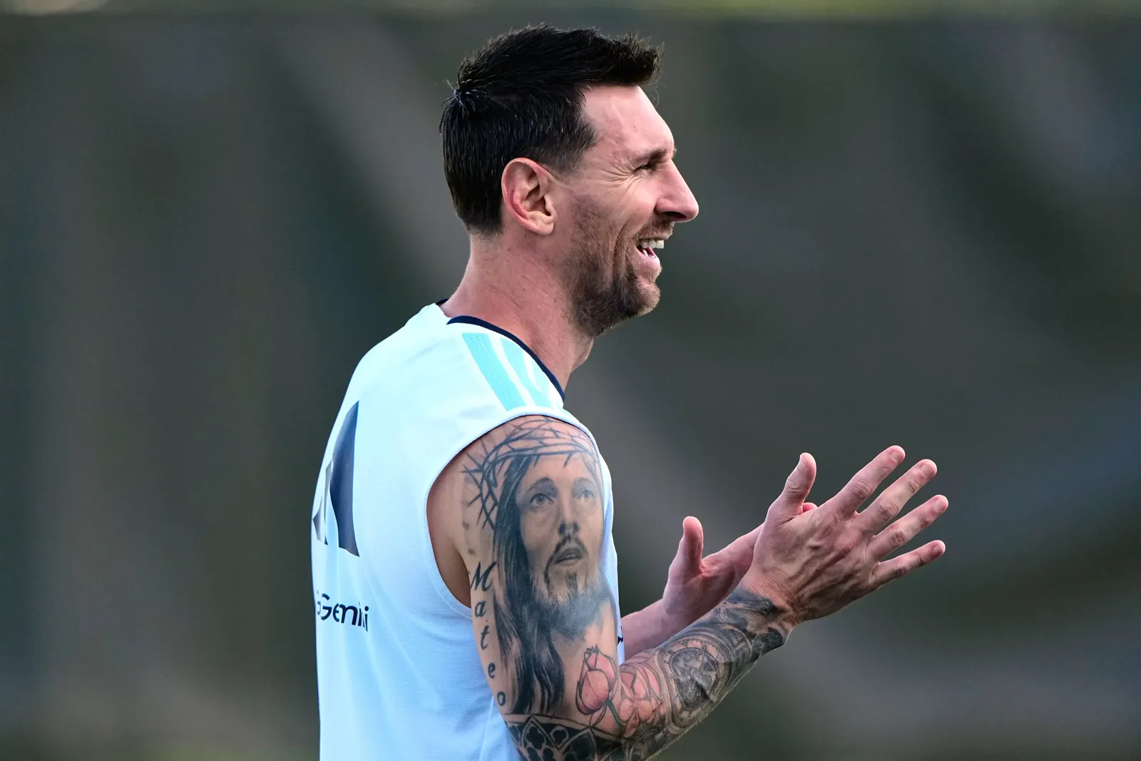 Argentina's Lionel Messi watches training for the World Cup soccer tournament Wednesday, June 24, 2026, in Kansas City, Kan. (AP Photo/Charlie Riedel)