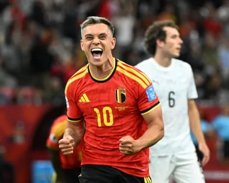Belgium’s Leandro Trossard celebrates scoring his second