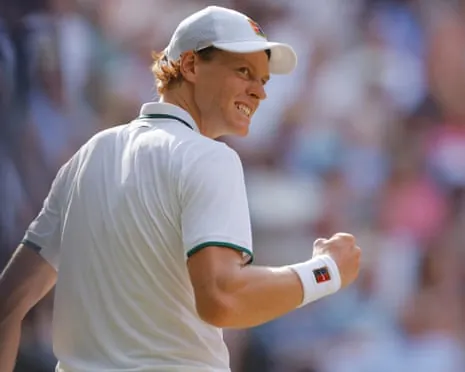 Jannik Sinner of Italy celebrates a point during his men's singles semi-finalvictory over Novak Djokovic of Serbia.